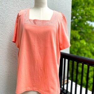 Vintage Peach Square Neck rhinestone trim short sleeve Tshirt size large